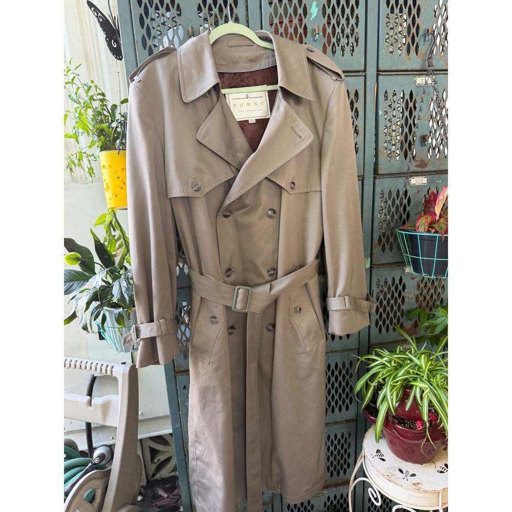 Towne London Fog Mens Double Breasted Trench Coat Tan Khaki Belted 42 Reg